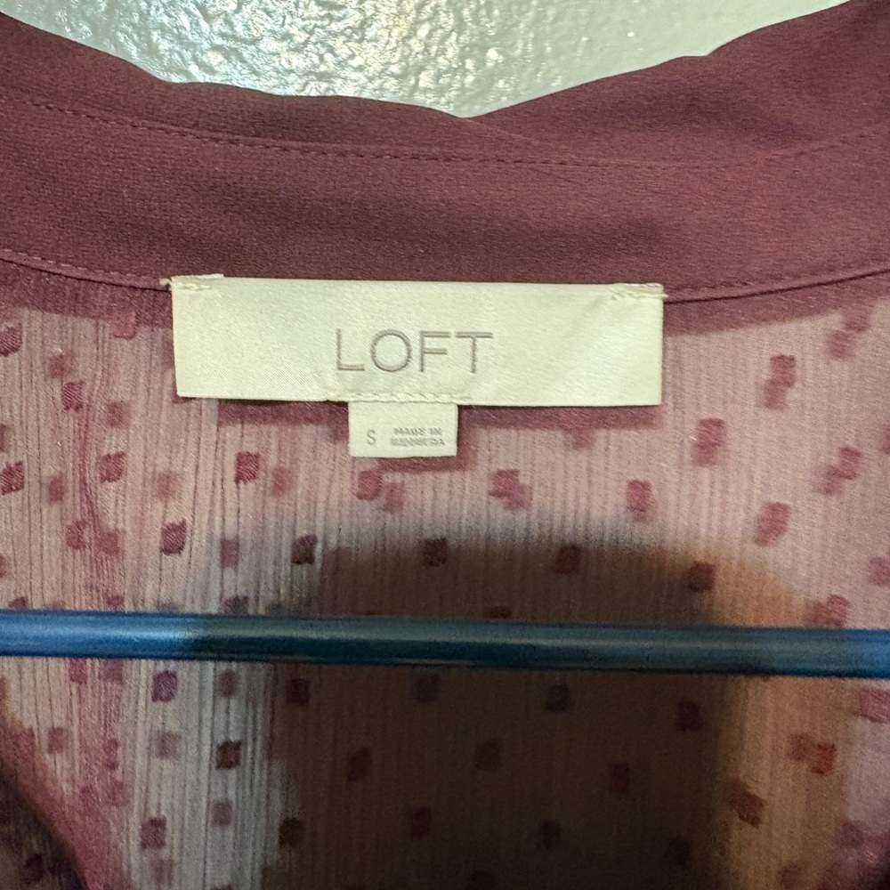 LOFT Burgundy Sheer Dotted-Yoke Long-Sleeve Peasant Top Size S - Picture 5 of 11